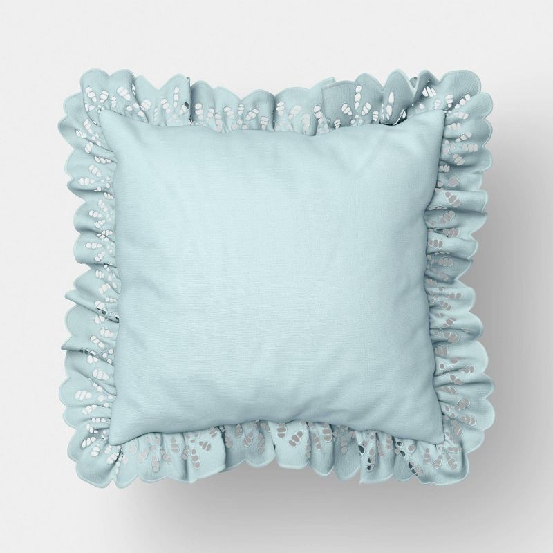slide 1 of 4, Threshold designed w/Studio McGee 26"x26" Eyelet Ruffle Outdoor Throw Pillow Blue - Threshold™ designed with Studio McGee, 1 ct