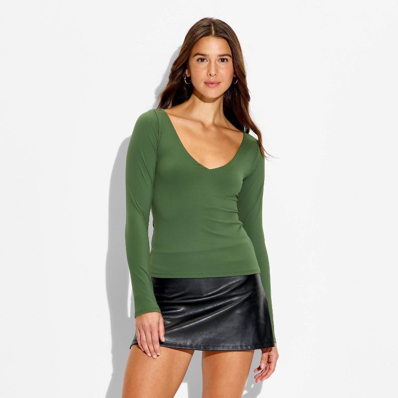 slide 2 of 4, Women's Long Sleeve V-Neck Shirt - Wild Fable™ Dark Green XXS, 1 ct