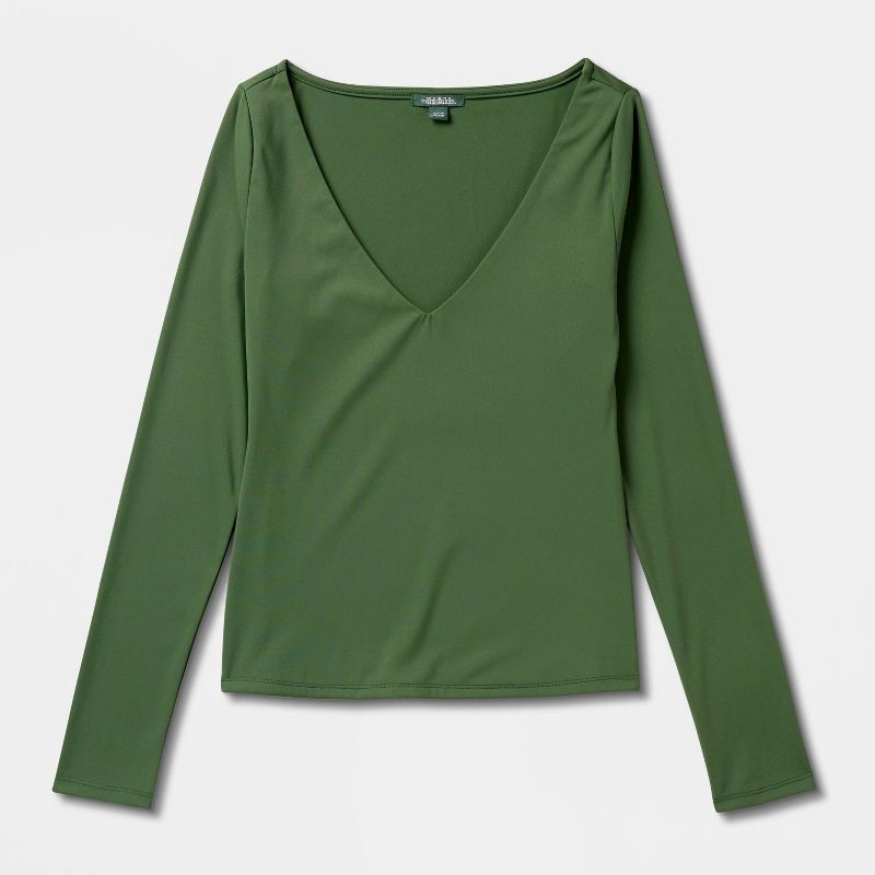 slide 4 of 4, Women's Long Sleeve V-Neck Shirt - Wild Fable™ Dark Green XS, 1 ct