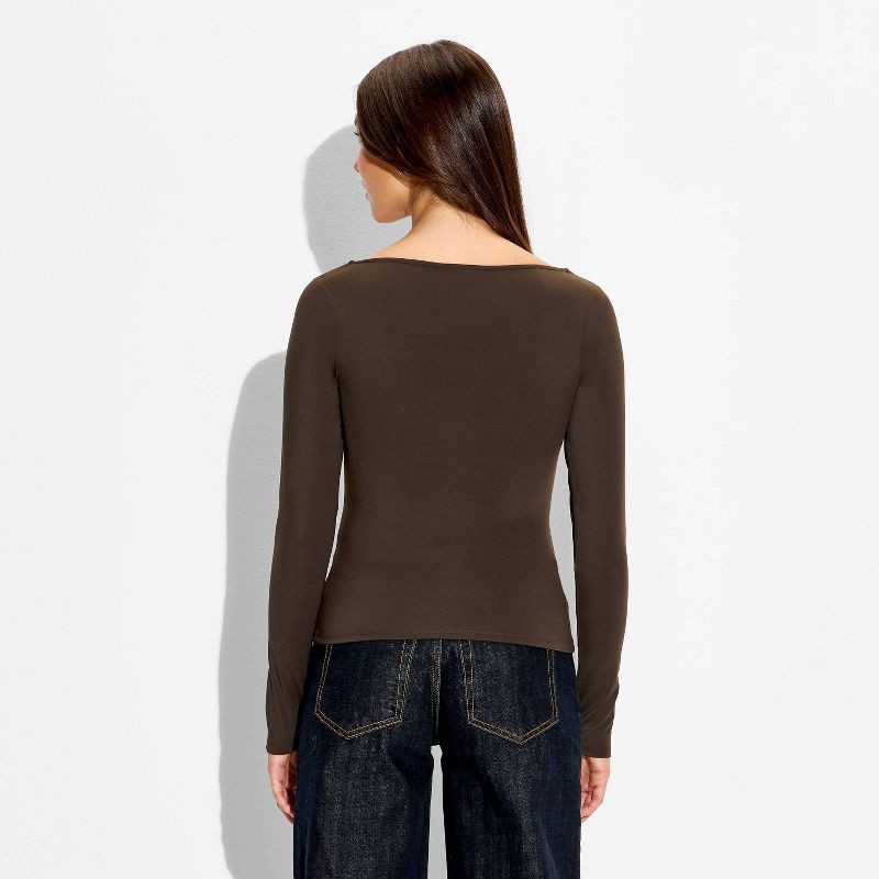 slide 4 of 4, Women's Long Sleeve V-Neck Shirt - Wild Fable™ Dark Brown L, 1 ct