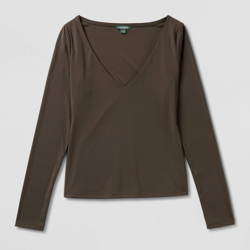 slide 2 of 4, Women's Long Sleeve V-Neck Shirt - Wild Fable™ Dark Brown L, 1 ct