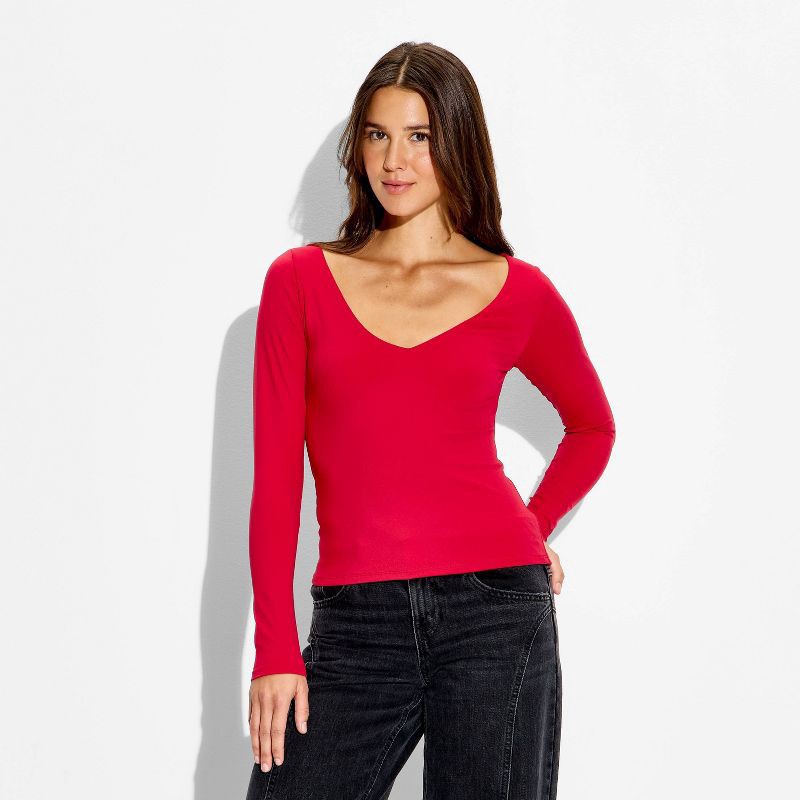 slide 2 of 4, Women's Long Sleeve V-Neck Shirt - Wild Fable™ Red S, 1 ct