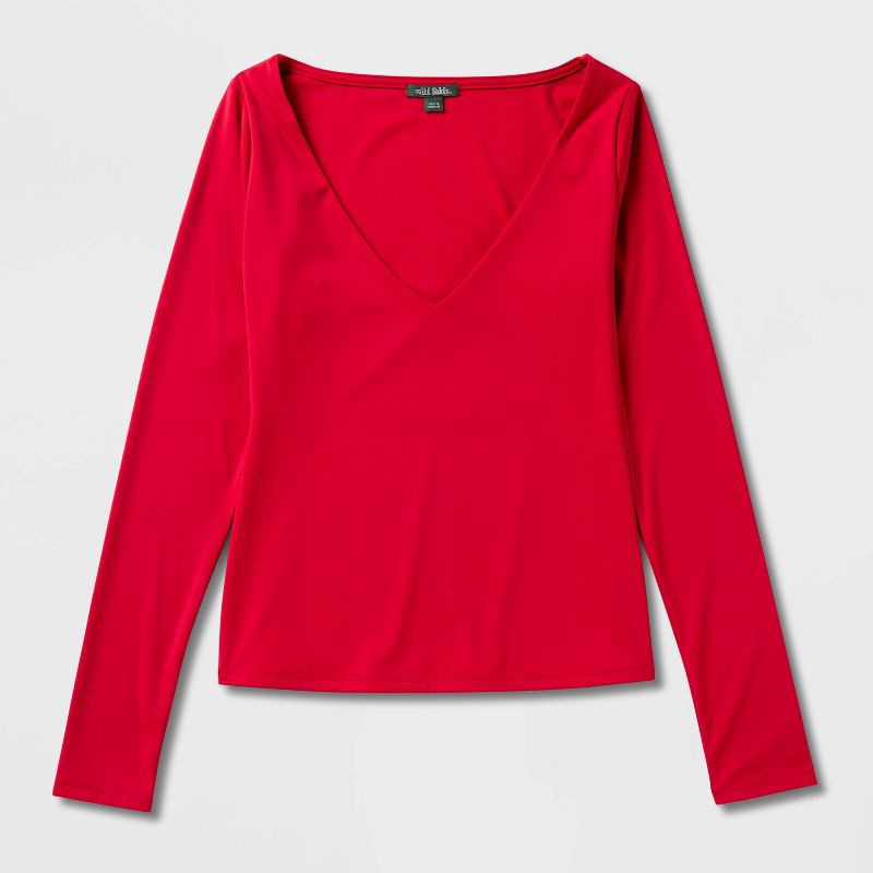 slide 4 of 4, Women's Long Sleeve V-Neck Shirt - Wild Fable™ Red S, 1 ct