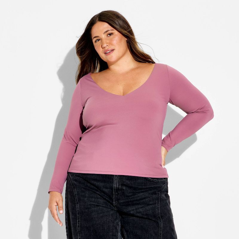 slide 2 of 3, Women's Long Sleeve V-Neck Shirt - Wild Fable™ Mauve XXL, 1 ct