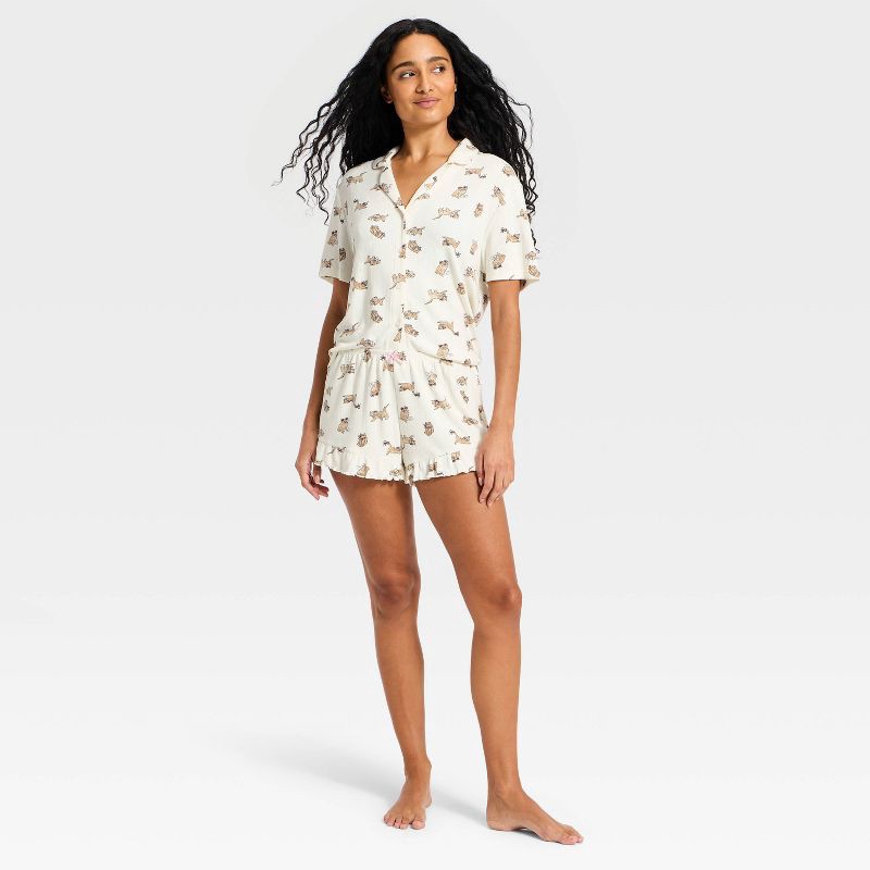 slide 3 of 3, Women's Pointelle Notch Collar Shirt and Shorts Pajama Set - Wild Fable™ Cream Cats S, 1 ct