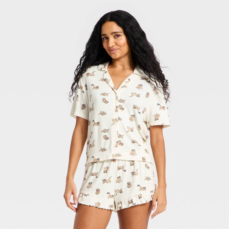 slide 1 of 3, Women's Pointelle Notch Collar Shirt and Shorts Pajama Set - Wild Fable™ Cream Cats S, 1 ct