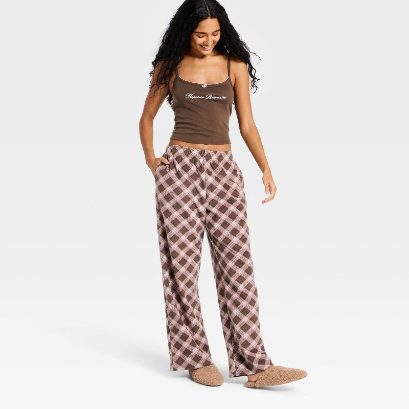 slide 3 of 3, Women's Microfleece Pajama Pants - Wild Fable™ Brown Plaid XS, 1 ct