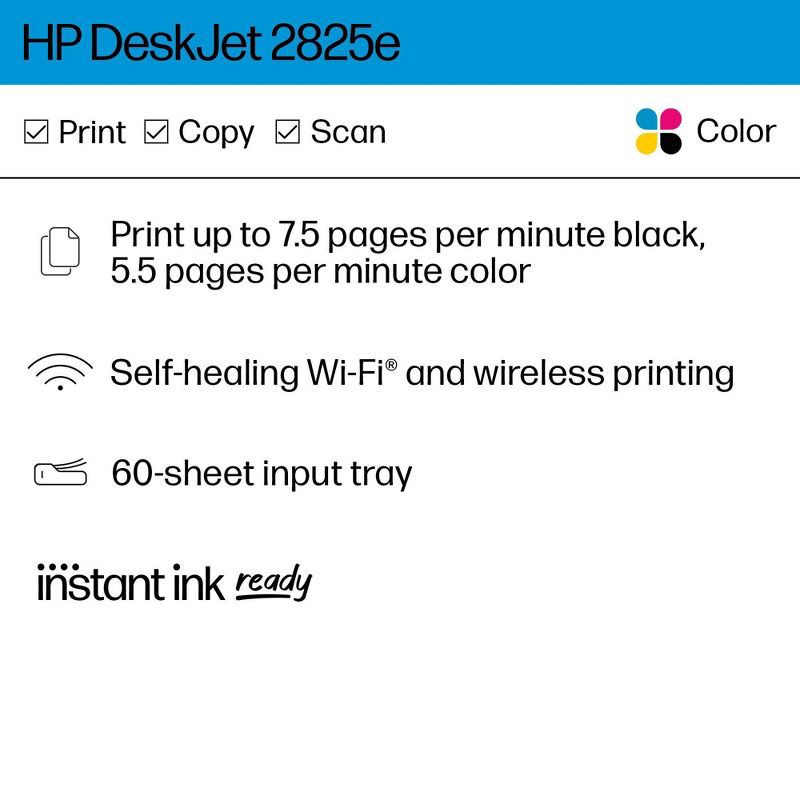 slide 2 of 13, HP Inc. HP DeskJet 2825e Wireless All-in-One Color Printer, Scanner, Copier with 3 Months Free Instant Ink (6W7F4A), 1 ct