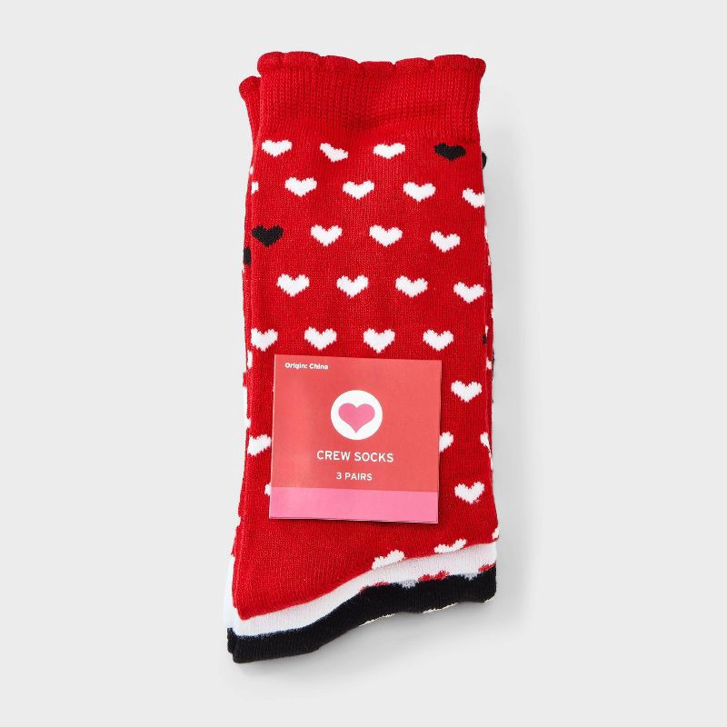 slide 2 of 3, Women's Mini Hearts Scallop Cuff Valentine's Day 3pk Crew Socks - Red/White/Black 4-10, 3 ct