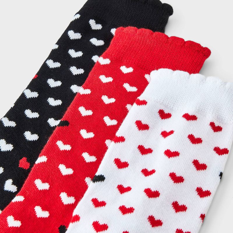 slide 3 of 3, Women's Mini Hearts Scallop Cuff Valentine's Day 3pk Crew Socks - Red/White/Black 4-10, 3 ct