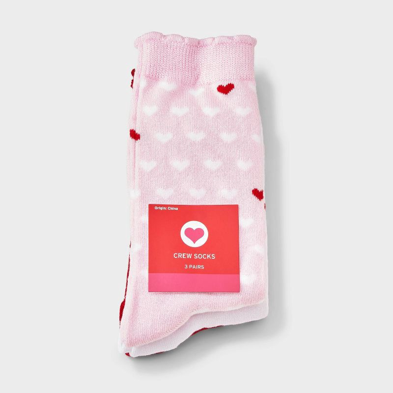 slide 2 of 3, Women's Mini Hearts Scallop Cuff Valentine's Day 3pk Crew Socks - Pink/White/Red 4-10, 3 ct