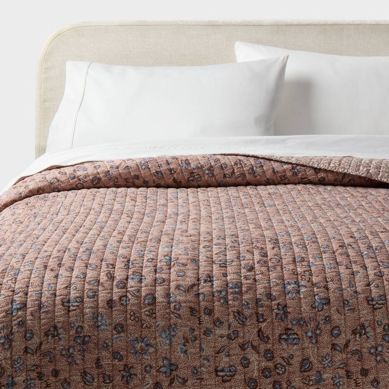 slide 1 of 4, Full/Queen Printed Floral Gauze Reversible Quilt Brown - Threshold™, 1 ct
