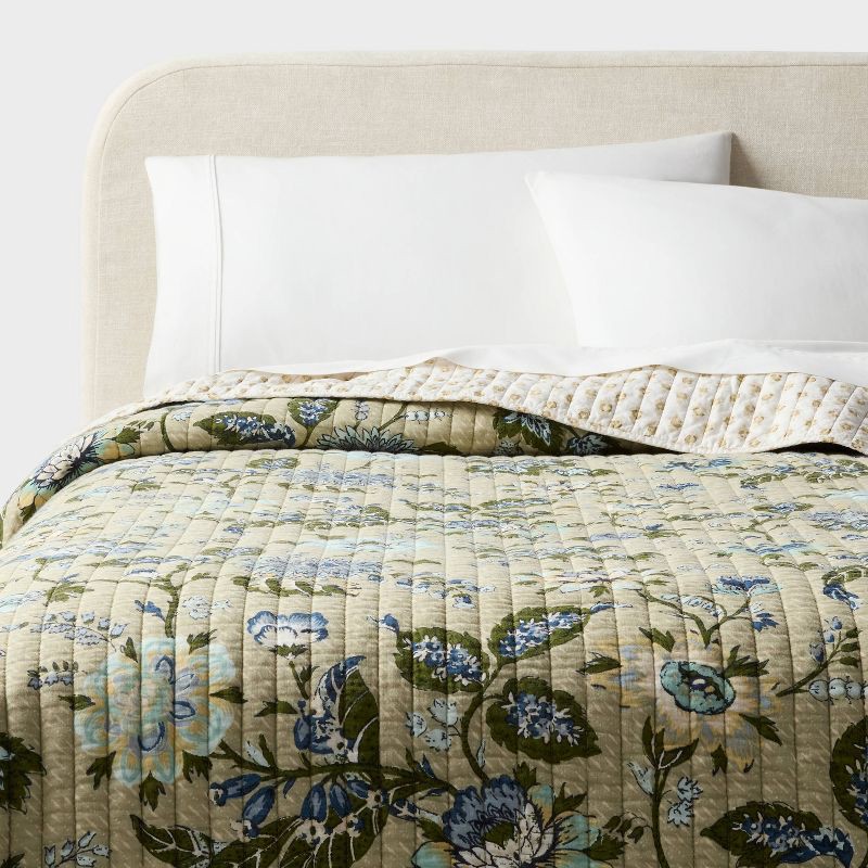 slide 1 of 3, Full/Queen Large Scale Printed Floral Gauze Reversible Quilt Green - Threshold™, 1 ct