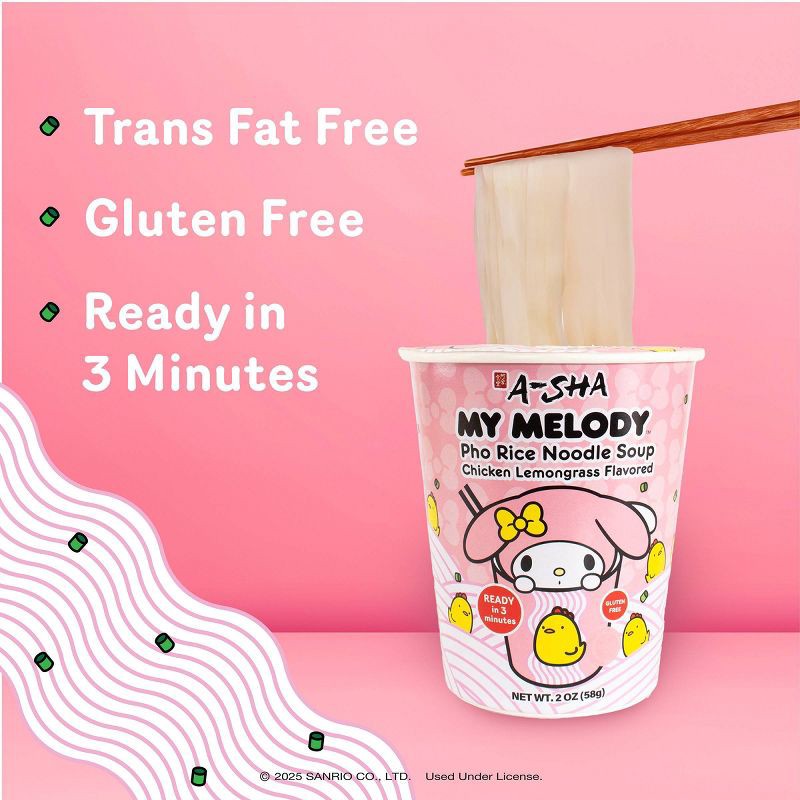 slide 4 of 6, A-Sha Foods USA Gluten Free Hello Kitty My Melody Chicken Lemongrass Flavored Pho Rice Noodle Soup - 2oz, 2 oz