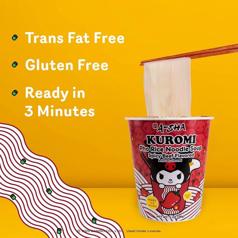 slide 4 of 6, A-Sha Foods USA Gluten Free Hello Kitty Kuromi Spicy Beef Flavored Pho Rice Noodle Soup - 2oz, 2 oz