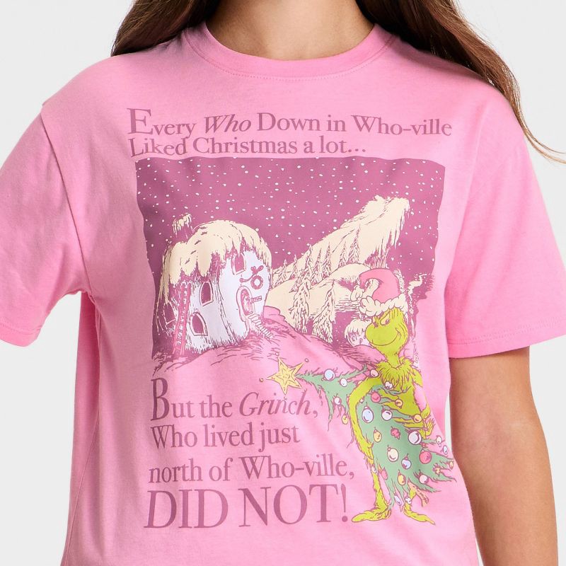 slide 2 of 4, Girls' The Grinch Who Stole Christmas Oversized Front and Back Graphic T-Shirt - Pink S, 1 ct