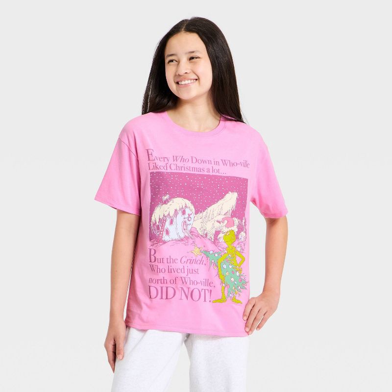 slide 3 of 4, Girls' The Grinch Who Stole Christmas Oversized Front and Back Graphic T-Shirt - Pink S, 1 ct