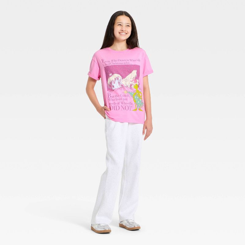 slide 4 of 4, Girls' The Grinch Who Stole Christmas Oversized Front and Back Graphic T-Shirt - Pink S, 1 ct