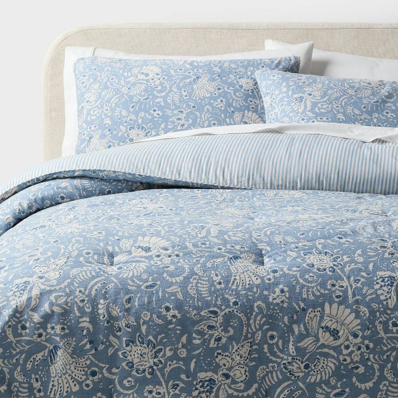 slide 1 of 5, Full/Queen Floral Paisley Casual Textured Cotton Reversible Comforter and Shams Set Blue - Threshold™, 1 ct