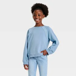 Girls' Lace Trim French Terry Pullover Sweatshirt - Cat & Jack™ Dusty Blue M