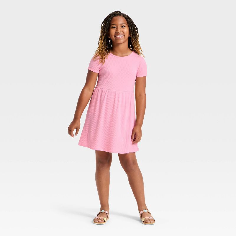 slide 3 of 3, Girls' Short Sleeve Rib-Knit Dress - Cat & Jack™ Pink S, 1 ct
