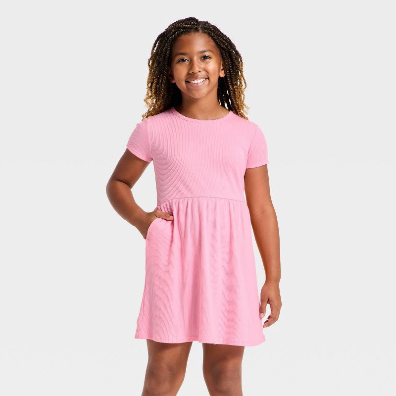 slide 1 of 3, Girls' Short Sleeve Rib-Knit Dress - Cat & Jack™ Pink S, 1 ct