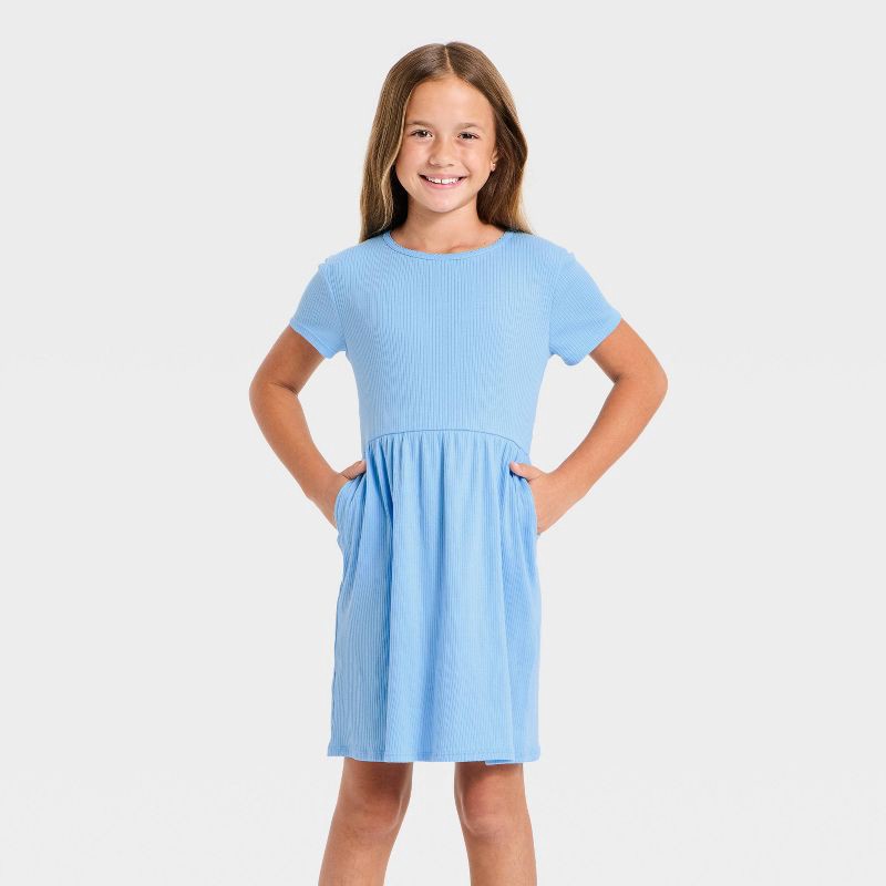 slide 1 of 3, Girls' Short Sleeve Rib-Knit Dress - Cat & Jack™ Sky Blue M, 1 ct