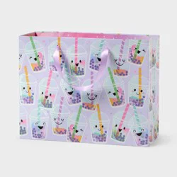 Large Iridescent Glitter Boba Tea Print Birthday Gift Bag Purple - Spritz™