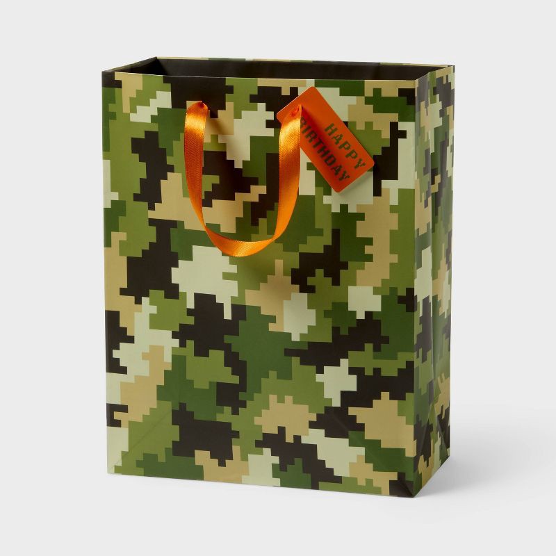 slide 1 of 3, Large Camouflage Birthday Gift Bag with Tag Green/Orange - Spritz™, 1 ct