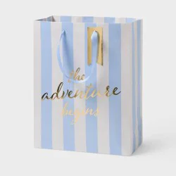 Large Striped "The Adventure Begins" Gift Bag with Tag Blue /Ivory /Gold - Spritz™