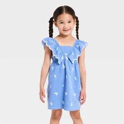 Toddler Girls' Chambray Embroidered Flowers Woven Dress - Cat & Jack™ Blue 4T