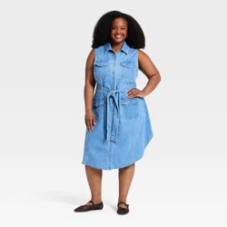 Women's Plus Sleeveless Denim Utility Midi Shirtdress - Ava & Viv™ Medium Wash 20