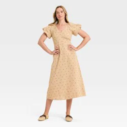 Women's Puff Short Sleeve Midi Sundress - Universal Thread™ Tan Floral XS