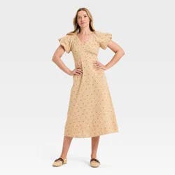 Women's Puff Short Sleeve Midi Sundress - Universal Thread™ Tan Floral XL