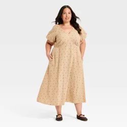 Women's Puff Short Sleeve Midi Sundress - Universal Thread™ Tan Floral XXL