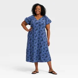 Women's Puff Short Sleeve Midi Sundress - Universal Thread™ Dark Blue Floral XXL