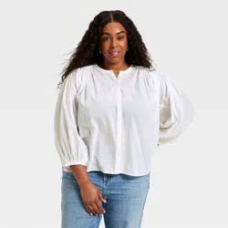 Women's Puff Long Sleeve Banded Collar Neck Blouse - Universal Thread™ White XXL
