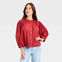 Women's Puff Long Sleeve Banded Collar Neck Blouse - Universal Thread™ Red XS
