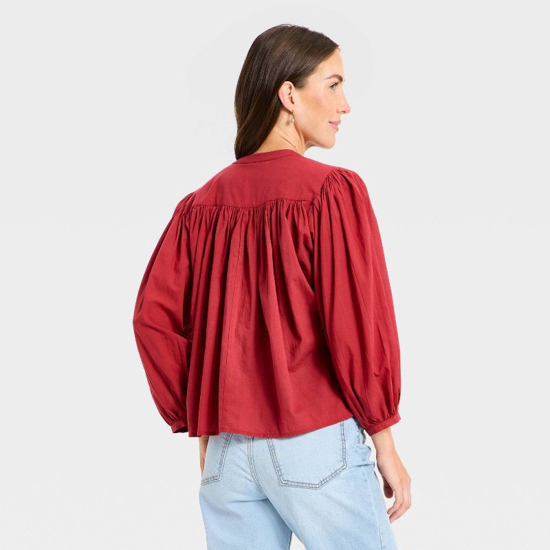 slide 2 of 3, Women's Puff Long Sleeve Banded Collar Neck Blouse - Universal Thread™ Red S, 1 ct