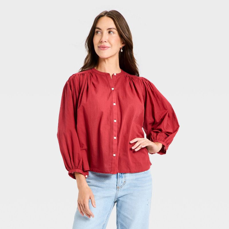 slide 1 of 3, Women's Puff Long Sleeve Banded Collar Neck Blouse - Universal Thread™ Red S, 1 ct