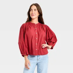 Women's Puff Long Sleeve Banded Collar Neck Blouse - Universal Thread™ Red XL