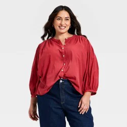 Women's Puff Long Sleeve Banded Collar Neck Blouse - Universal Thread™ Red XXL
