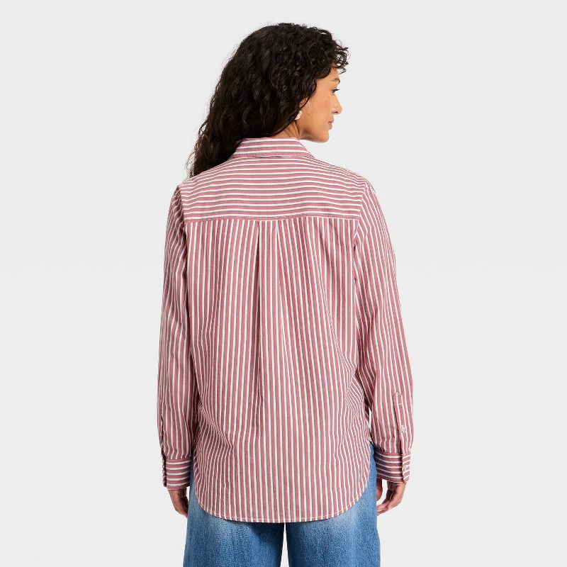 slide 3 of 3, Women's Long Sleeve Collared Striped Button-Down Shirt - Universal Thread™ Red S, 1 ct