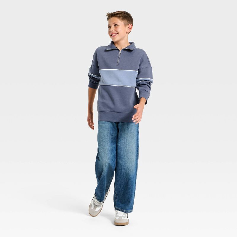 slide 3 of 3, Boys' Fleece Rugby Striped Quarter Zip Sweatshirt - art class™ Blue M, 1 ct