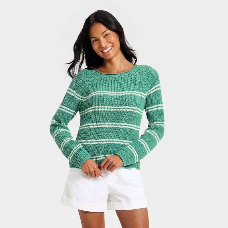 slide 1 of 3, Women's Knit Pullover Sweater - A New Day™ Green/Cream Striped S, 1 ct