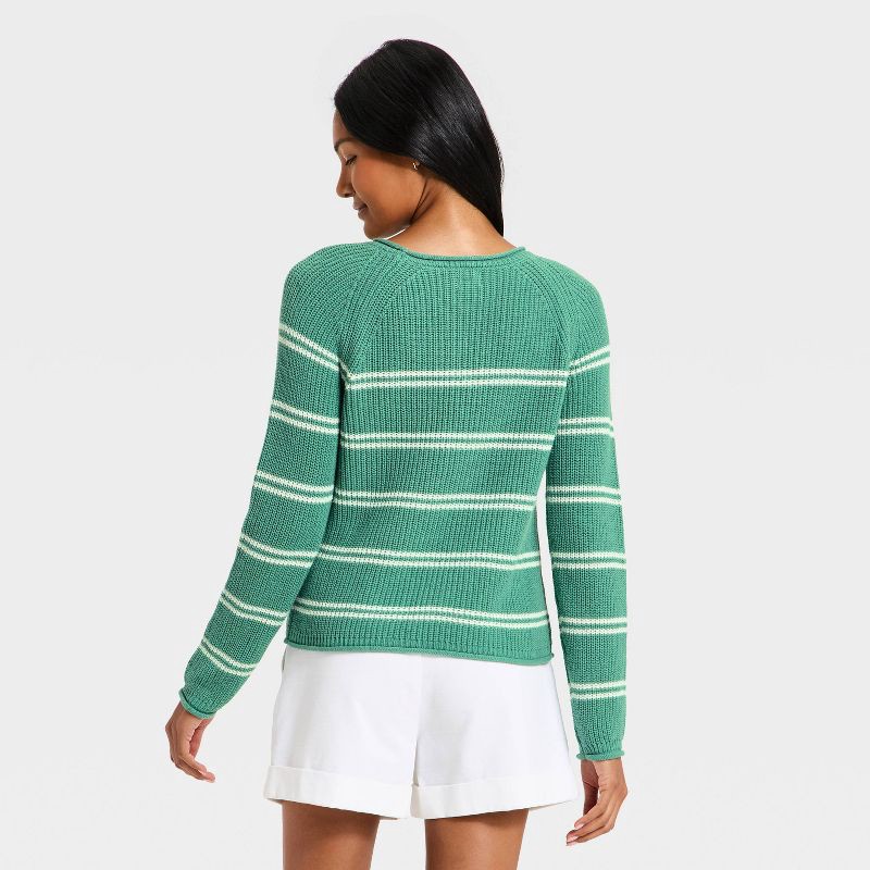 slide 2 of 3, Women's Knit Pullover Sweater - A New Day™ Green/Cream Striped M, 1 ct