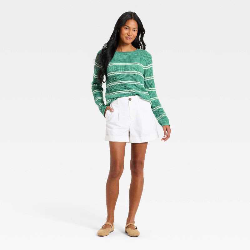slide 3 of 3, Women's Knit Pullover Sweater - A New Day™ Green/Cream Striped M, 1 ct