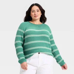 Women's Knit Pullover Sweater - A New Day™ Green/Cream Striped XXL