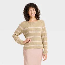 Women's Knit Pullover Sweater - A New Day™ Beige/Pink Striped L