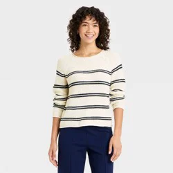Women's Knit Pullover Sweater - A New Day™ Cream/Navy Striped S
